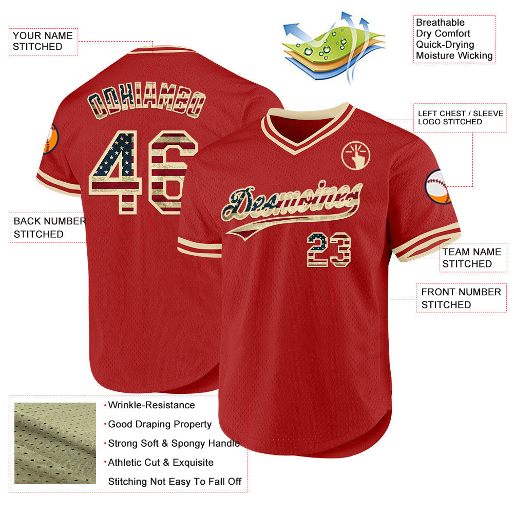 Custom Red Vintage USA Flag-Cream Authentic Throwback Baseball Jersey baseball jersey product view 3