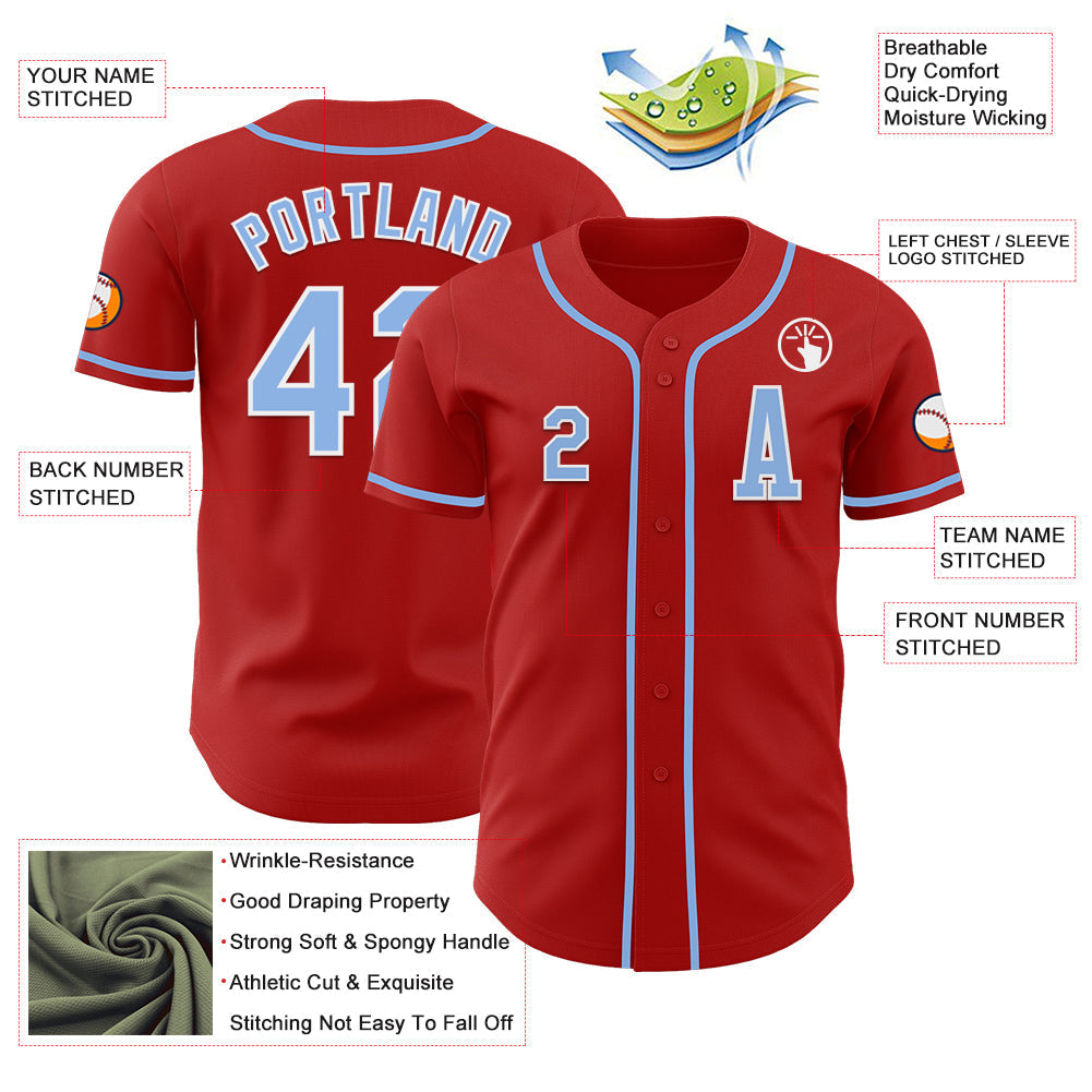 Custom Red Light Blue-White Authentic Baseball Jersey baseball jersey product view 2