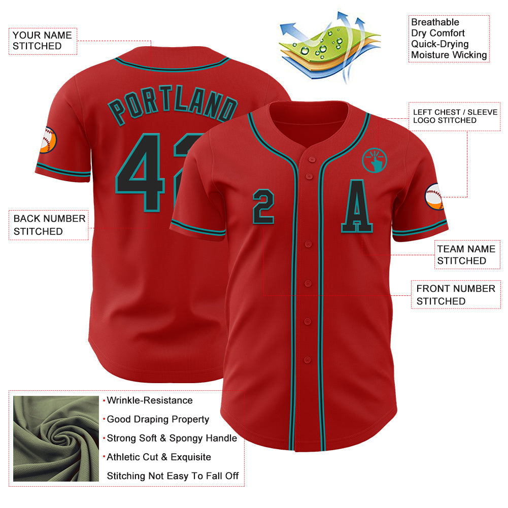 Custom Red Black-Teal Authentic Baseball Jersey baseball jersey product view 2