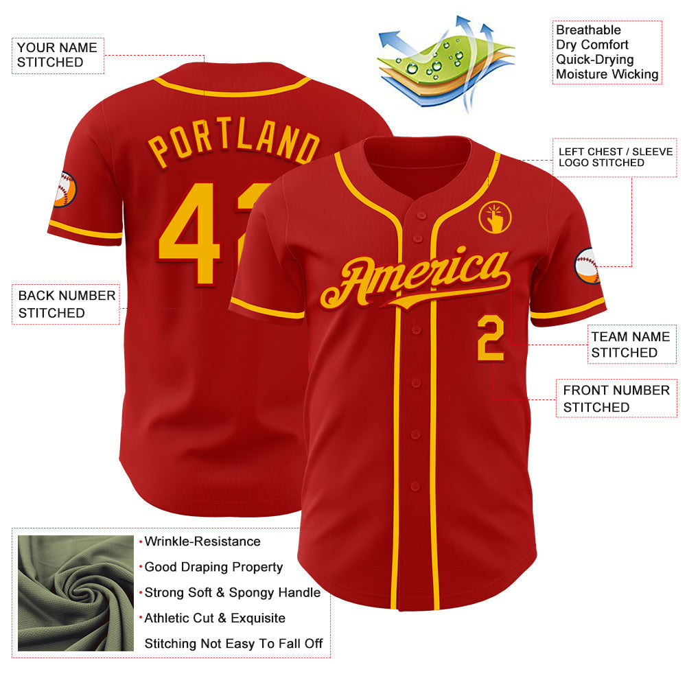 Custom Red Gold Authentic Baseball Jersey baseball jersey product view 3