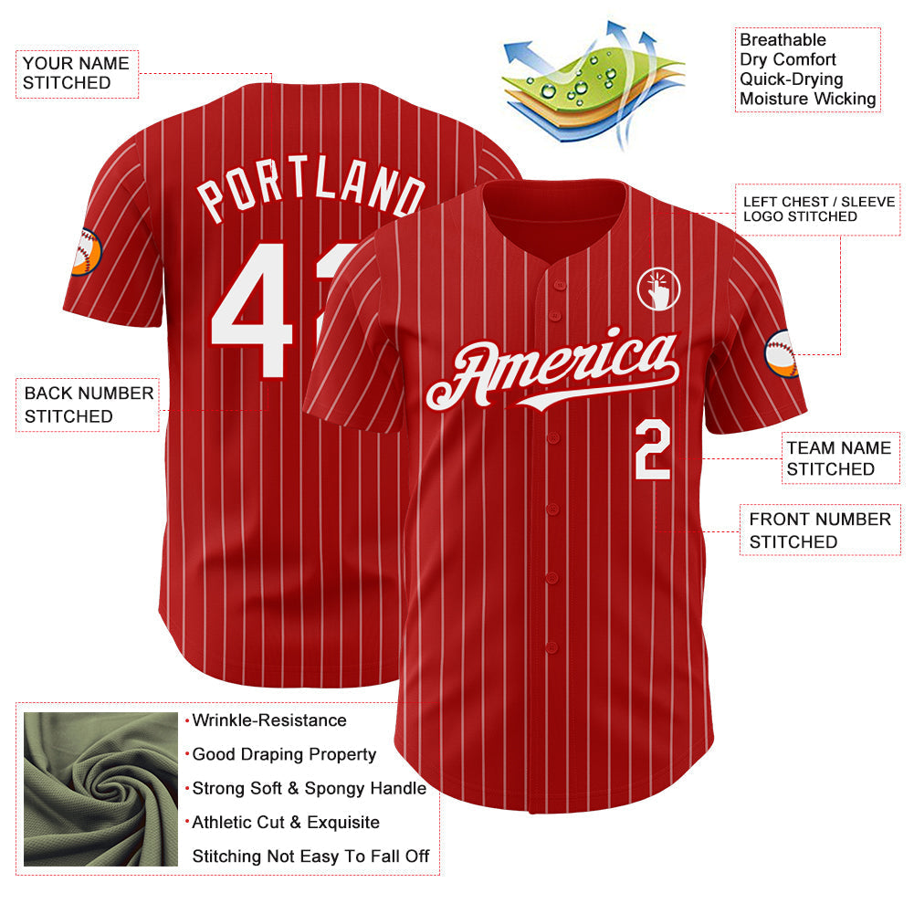 Custom Red White Pinstripe White Authentic Baseball Jersey baseball jersey product view 3
