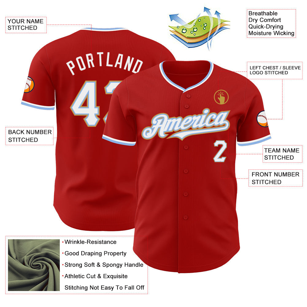 Custom Red White Light Blue-Old Gold Authentic Baseball Jersey baseball jersey product view 3