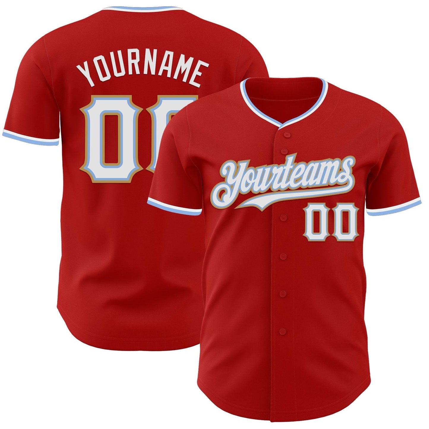 Custom Red White Light Blue-Old Gold Authentic Baseball Jersey baseball jersey product view 1