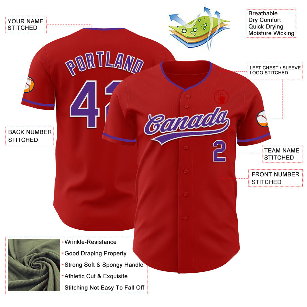 Custom Red Purple-White Authentic Baseball Jersey baseball jersey product view 3