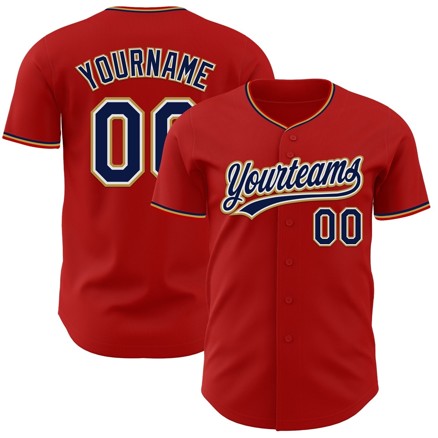 Custom Red Navy White-Old Gold Authentic Baseball Jersey baseball jersey product view 1