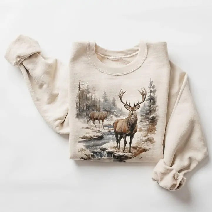 Retro Deer Wilderness Scene Nineties Vintage Buck Doe - Adult & Kids T-Shirts, Sweatshirts & Hoodies apparel design preview 1