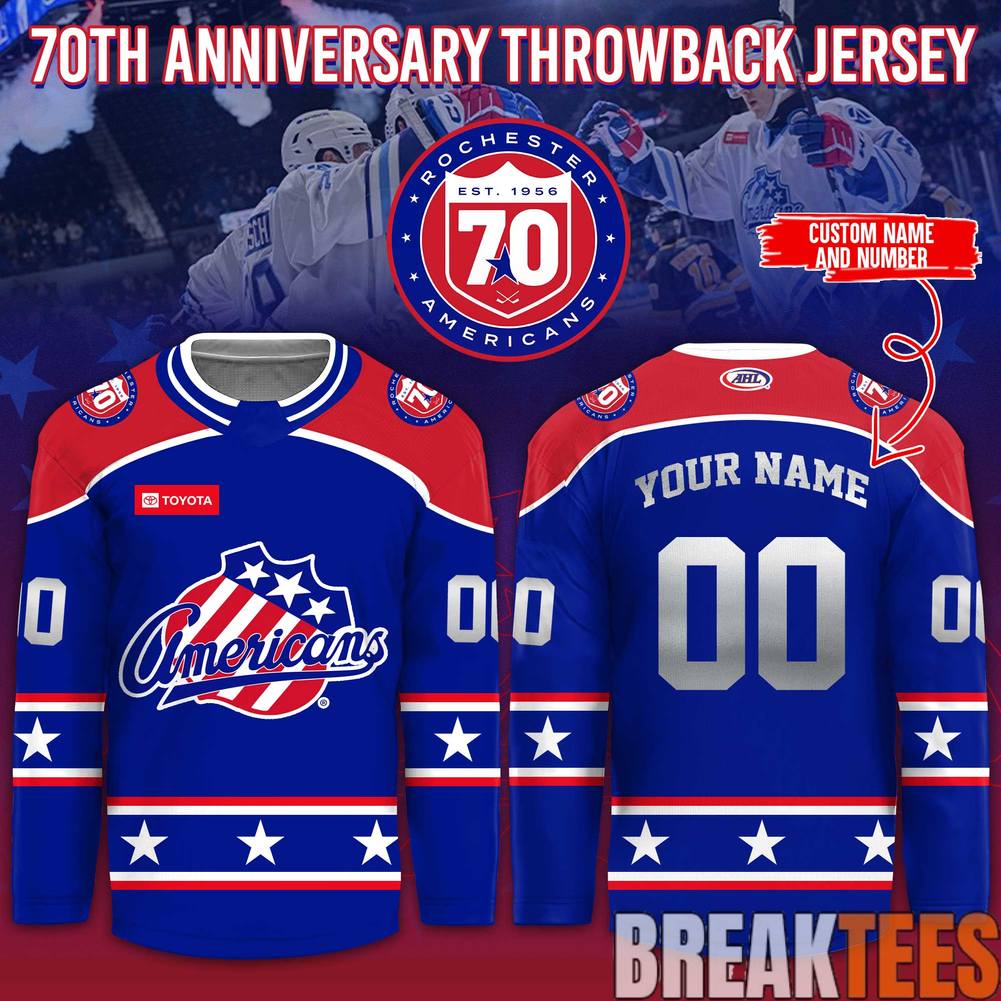 Rochester Americans 70th Anniversary Throwback Custom Hockey Jersey Unisex T-shirt, Sweatshirt, Hoodie, Long Sleeve Tee - T-Shirt, Sweatshirt, Hoodie