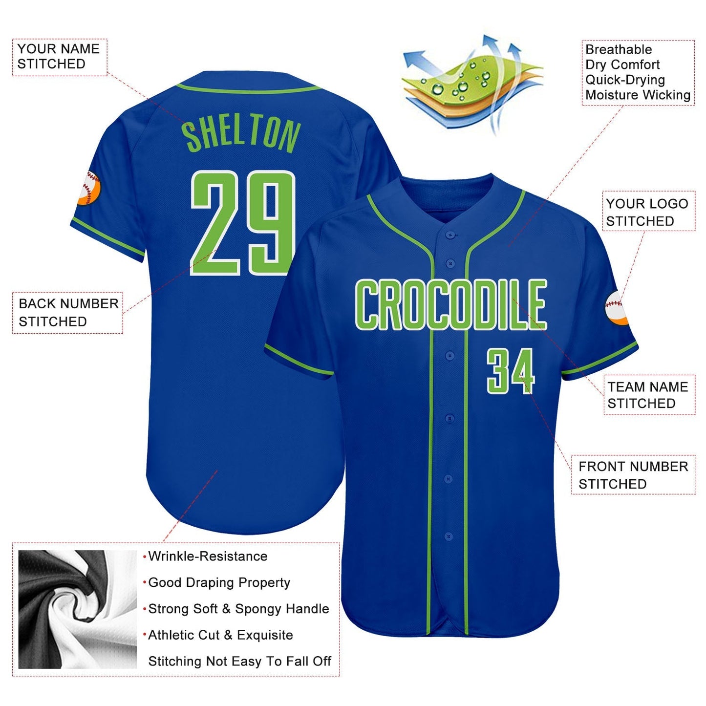 Custom Royal Neon Green-White Authentic Baseball Jersey baseball jersey product view 3