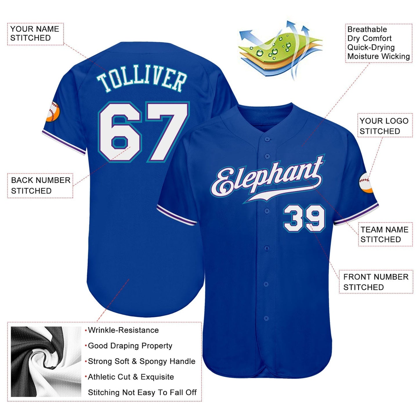 Custom Royal White-Teal Authentic Baseball Jersey baseball jersey product view 3