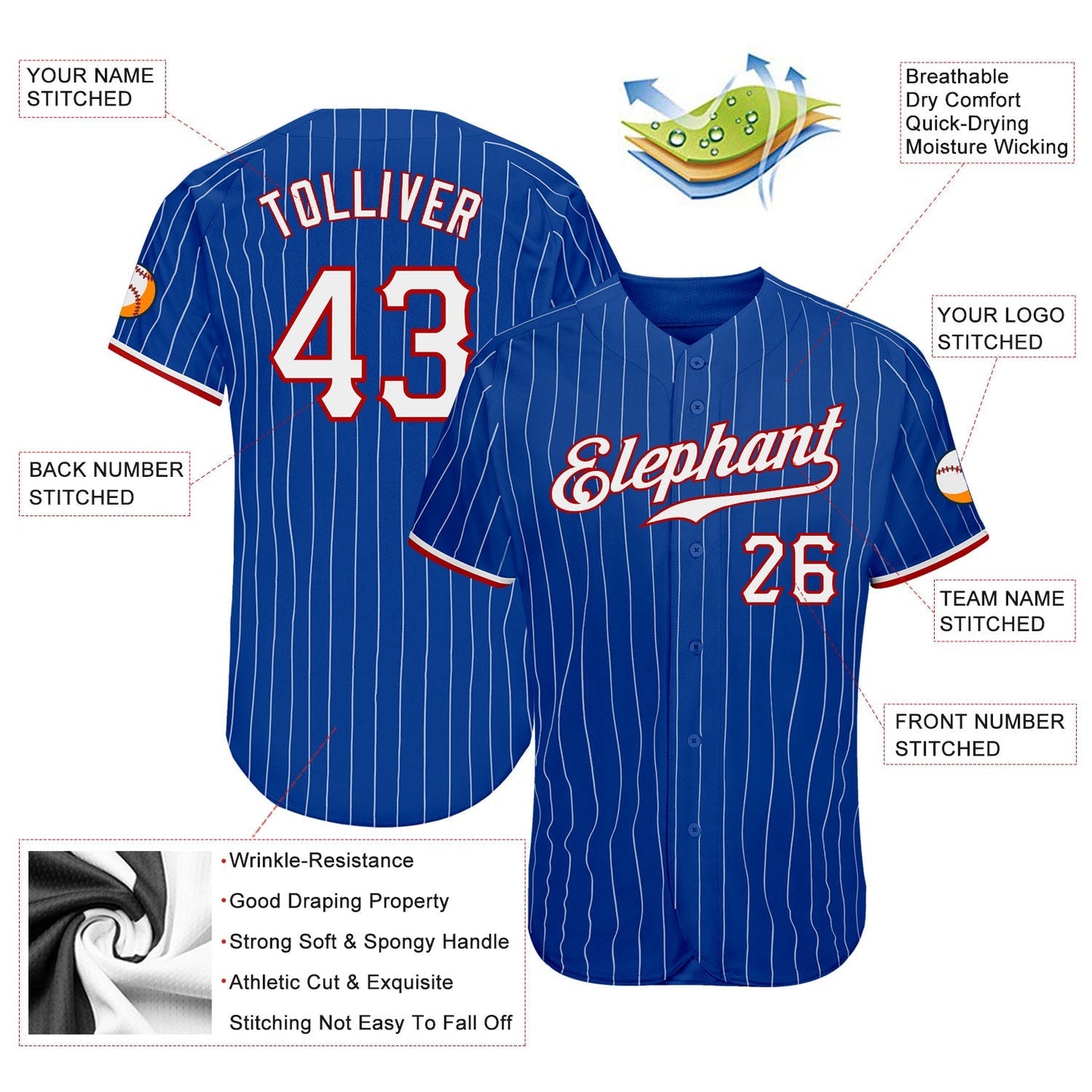 Custom Royal White Pinstripe White-Red Authentic Baseball Jersey baseball jersey product view 3
