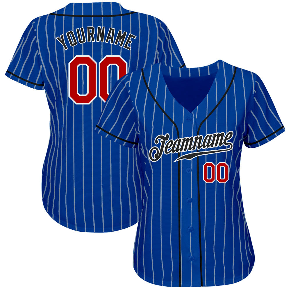 Custom Royal White Pinstripe Red-Black Authentic Baseball Jersey baseball jersey product view 2