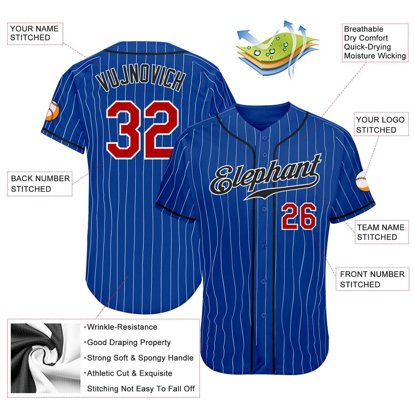 Custom Royal White Pinstripe Red-Black Authentic Baseball Jersey baseball jersey product view 3