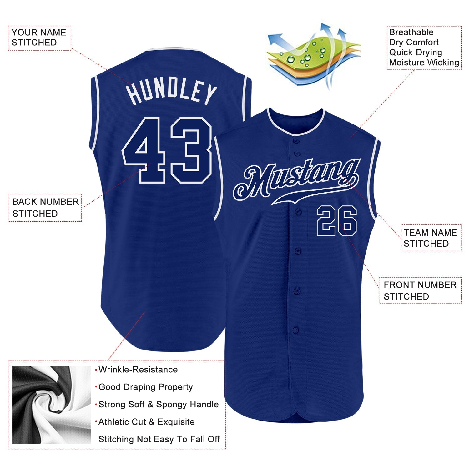 Custom Royal Royal-White Authentic Sleeveless Baseball Jersey baseball jersey product view 2
