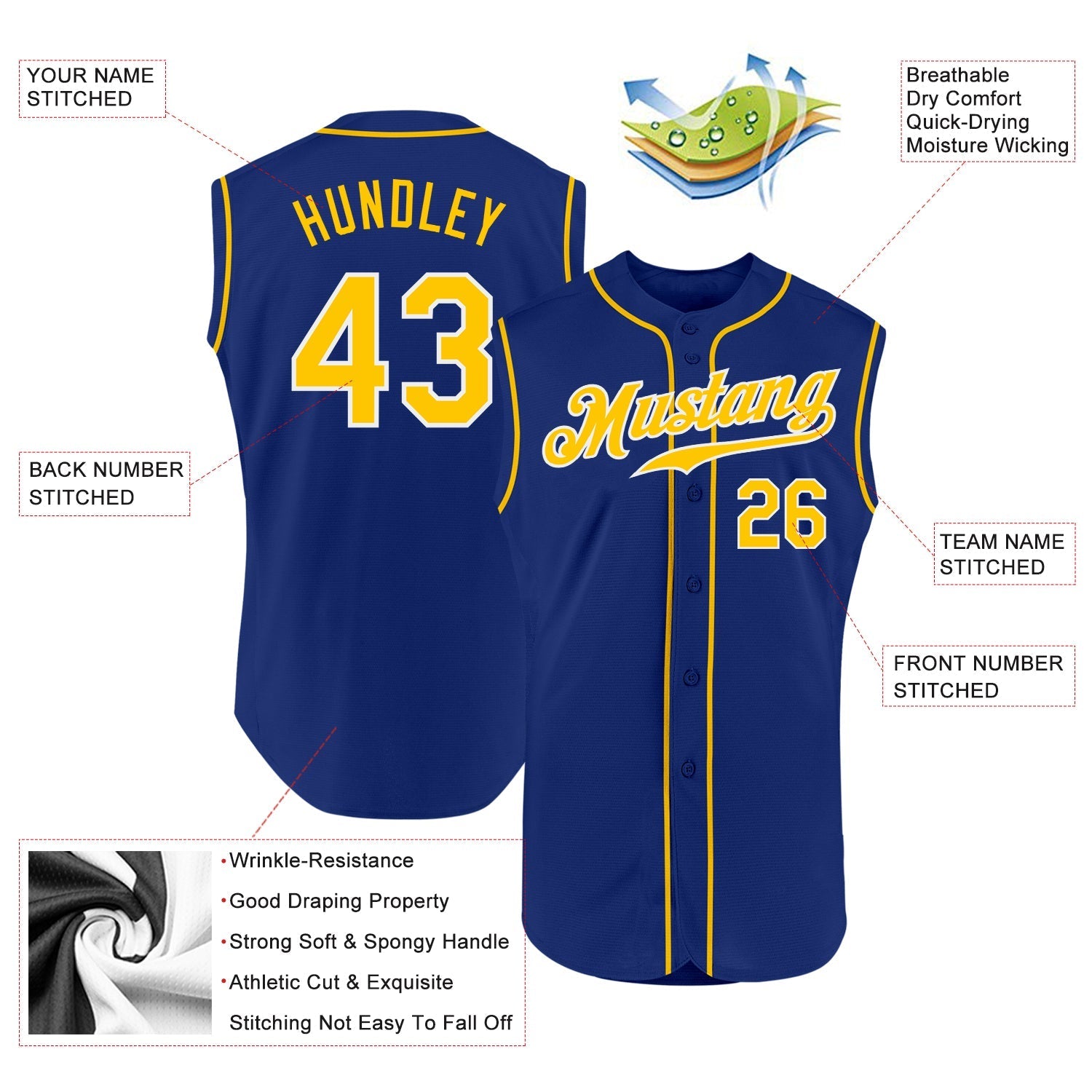 Custom Royal Gold-White Authentic Sleeveless Baseball Jersey baseball jersey product view 2