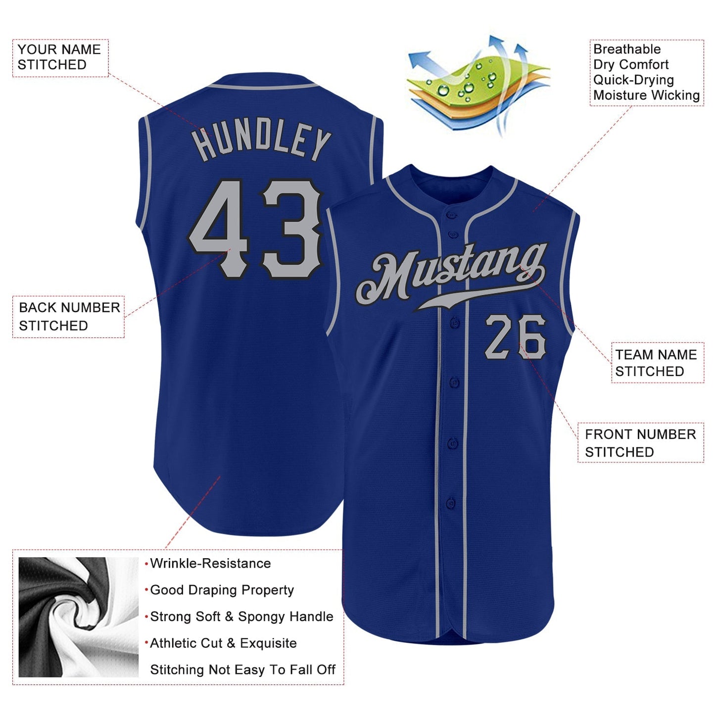 Custom Royal Gray-Black Authentic Sleeveless Baseball Jersey baseball jersey product view 2