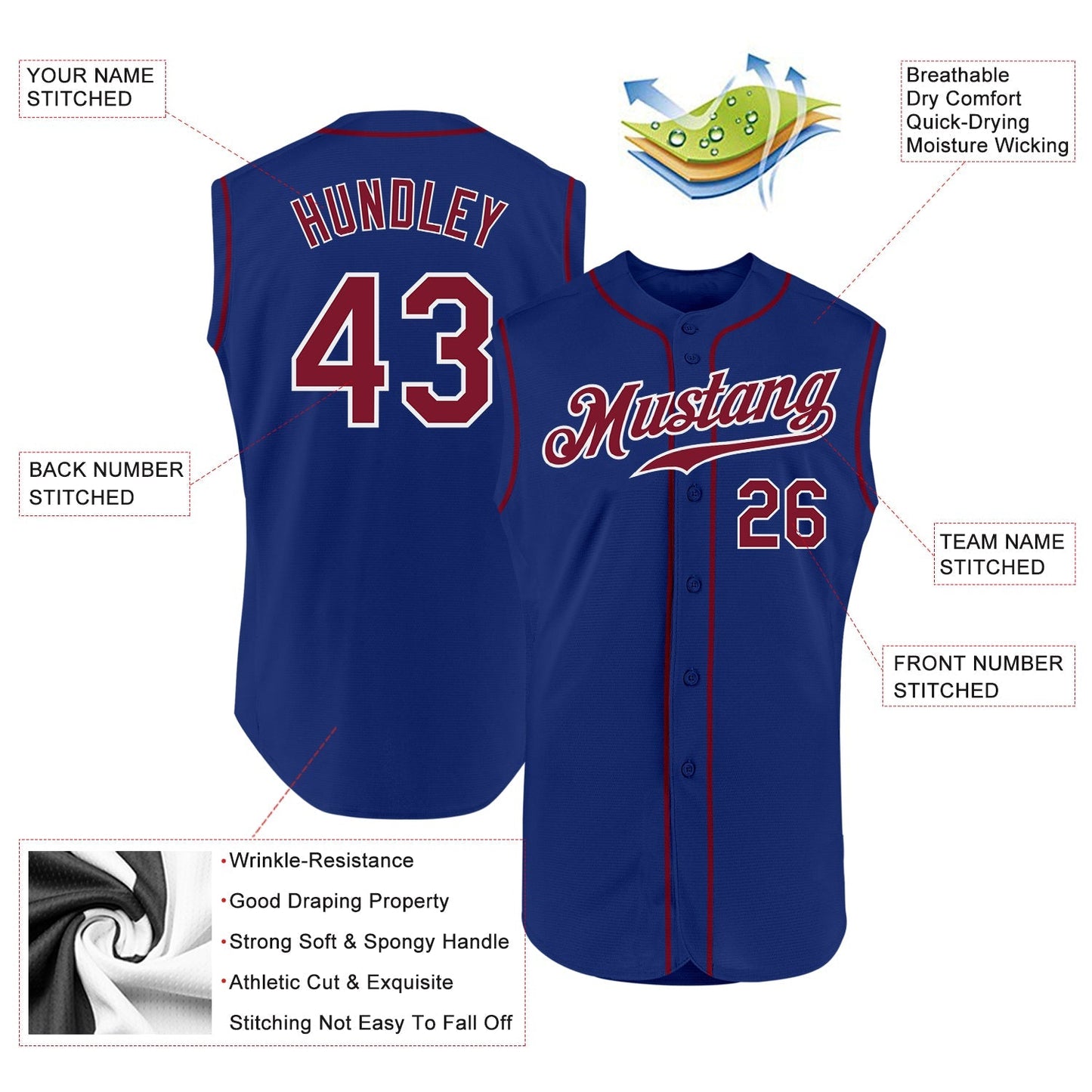 Custom Royal Crimson-White Authentic Sleeveless Baseball Jersey baseball jersey product view 2