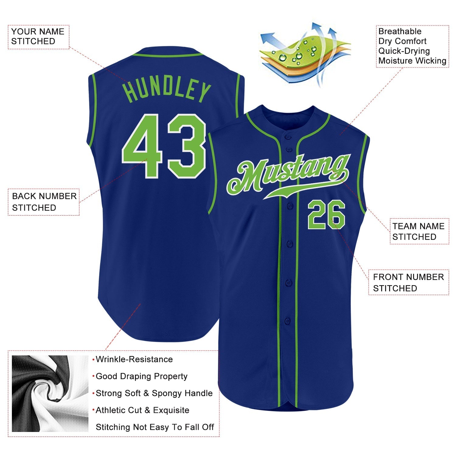 Custom Royal Neon Green-White Authentic Sleeveless Baseball Jersey baseball jersey product view 2