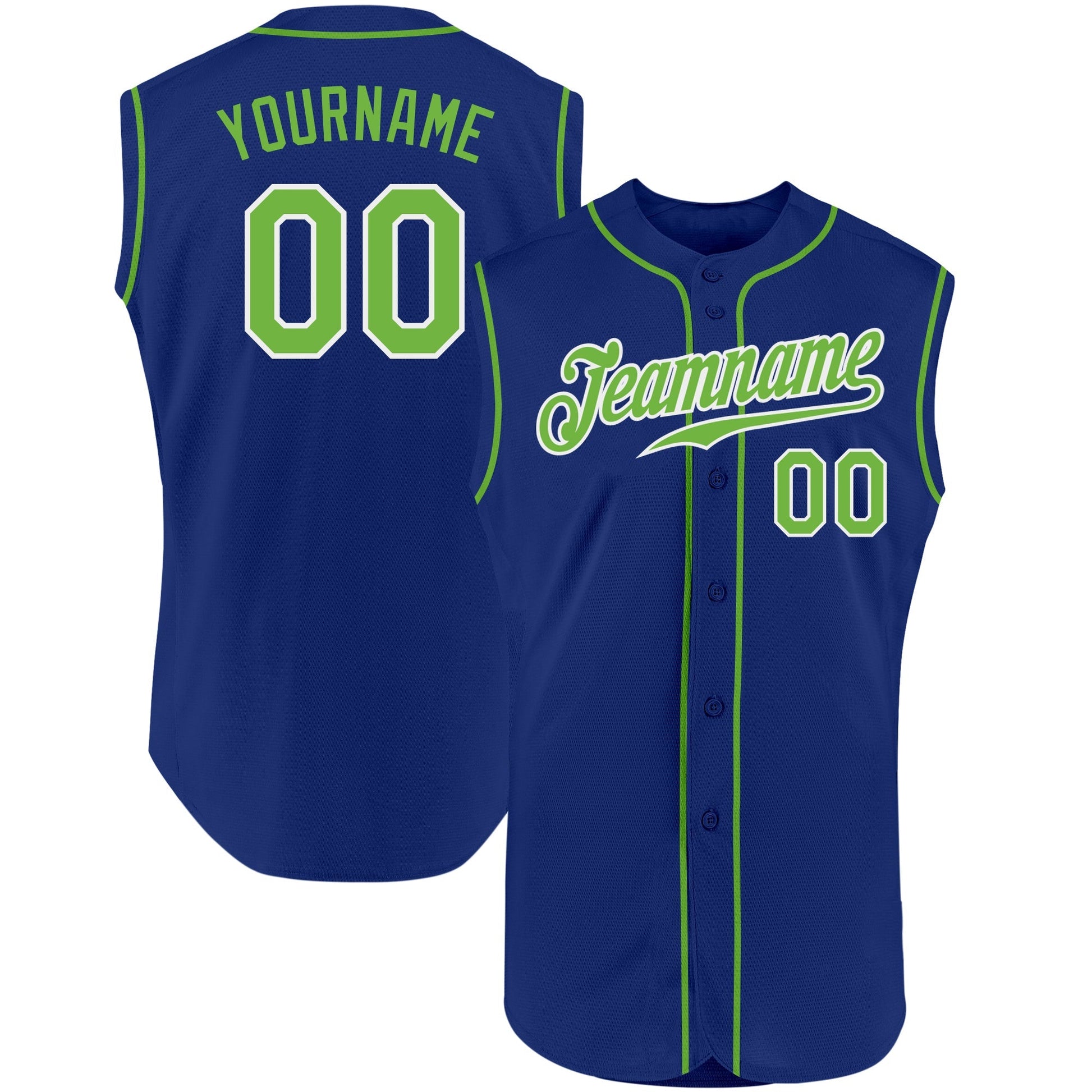 Custom Royal Neon Green-White Authentic Sleeveless Baseball Jersey baseball jersey product view 1