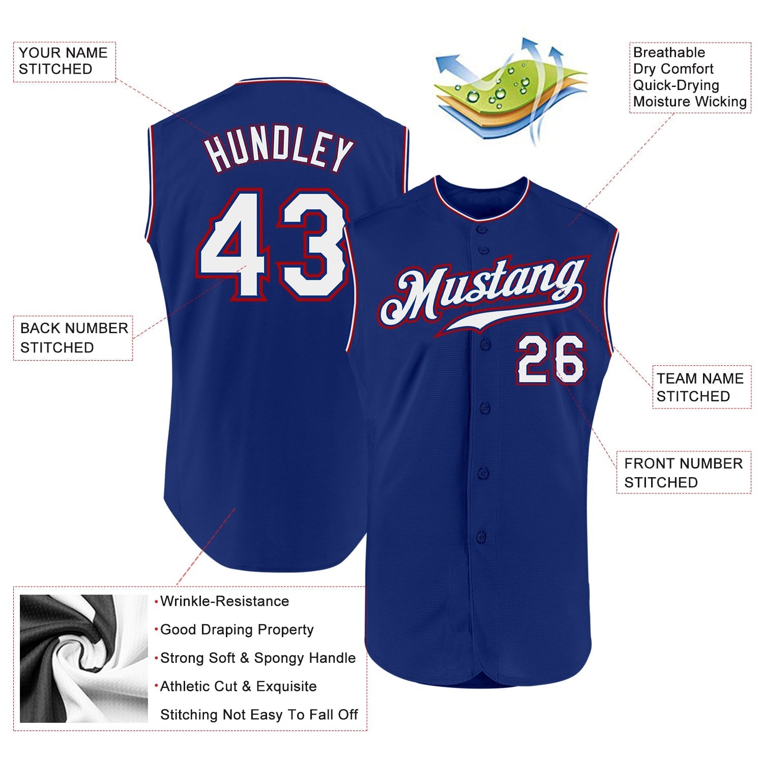 Custom Royal White-Red Authentic Sleeveless Baseball Jersey baseball jersey product view 2