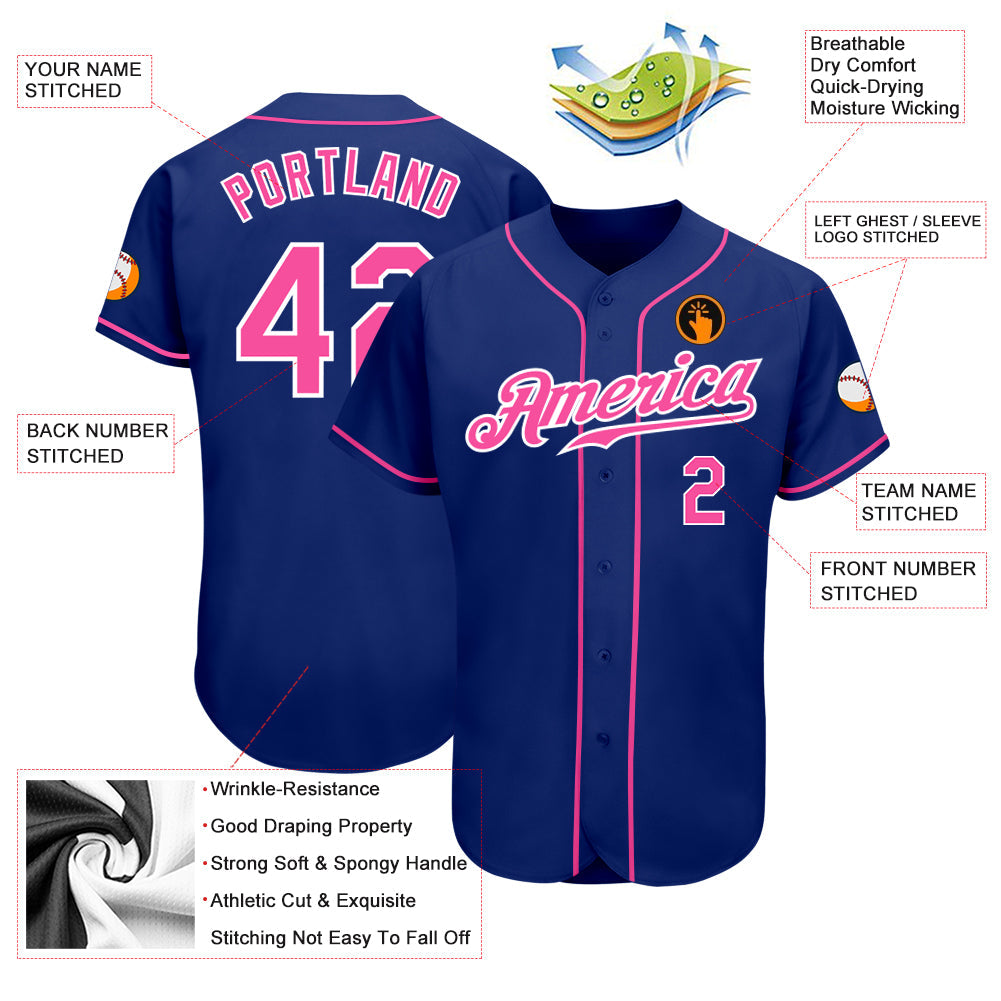 Custom Royal Pink-White Authentic Baseball Jersey baseball jersey product view 3