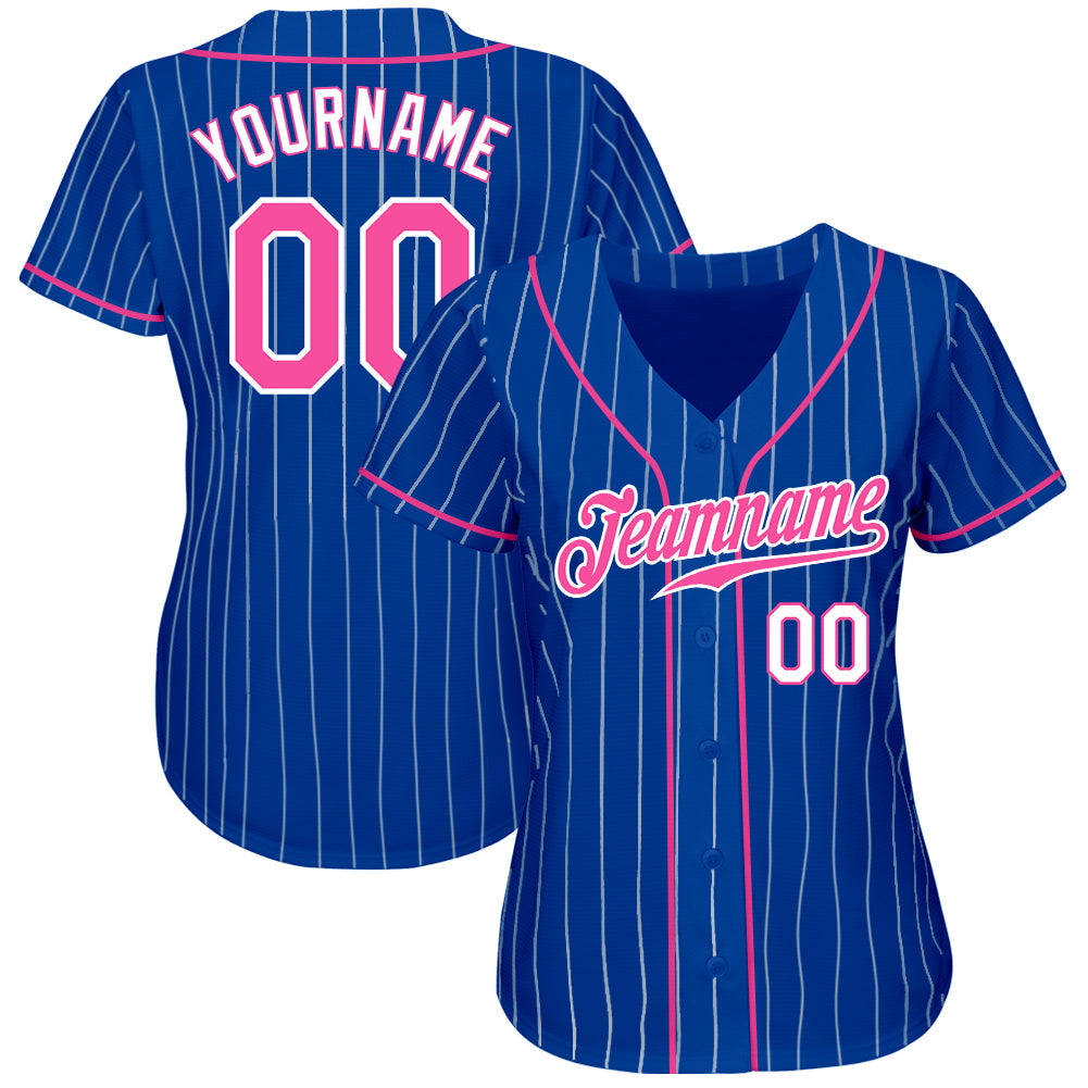 Custom Royal White Pinstripe Pink-White Authentic Baseball Jersey baseball jersey product view 2