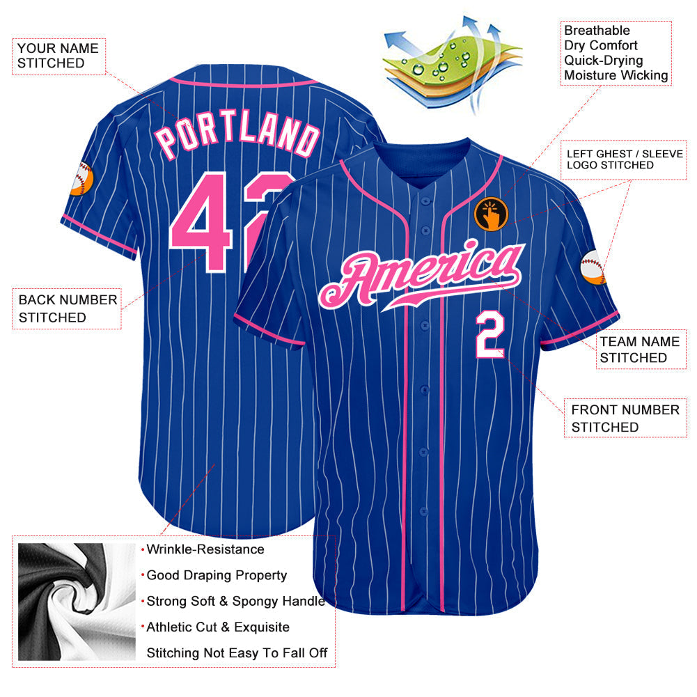 Custom Royal White Pinstripe Pink-White Authentic Baseball Jersey baseball jersey product view 3