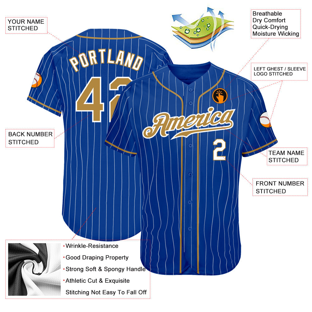 Custom Royal White Pinstripe Old Gold-White Authentic Baseball Jersey baseball jersey product view 3