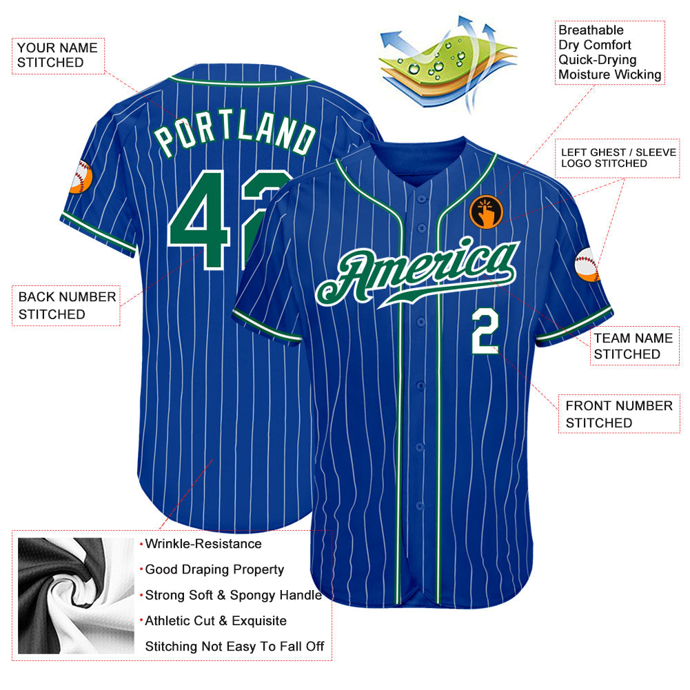 Custom Royal White Pinstripe Kelly Green-White Authentic Baseball Jersey baseball jersey product view 3
