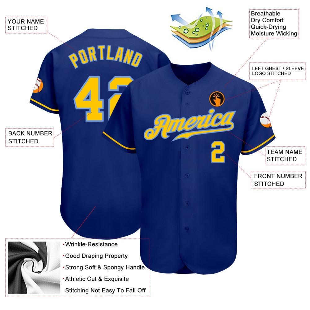 Custom Royal Gold-Light Blue Authentic Baseball Jersey baseball jersey product view 3