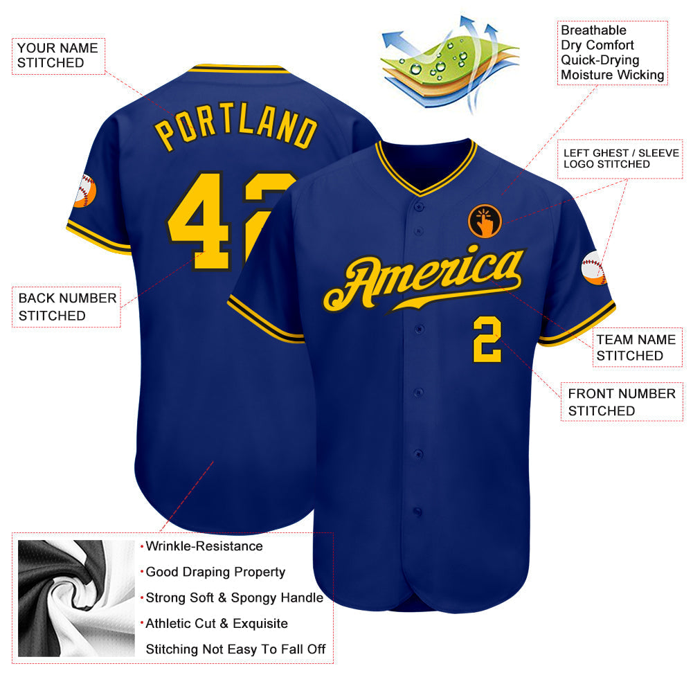Custom Royal Gold-Black Authentic Baseball Jersey baseball jersey product view 3
