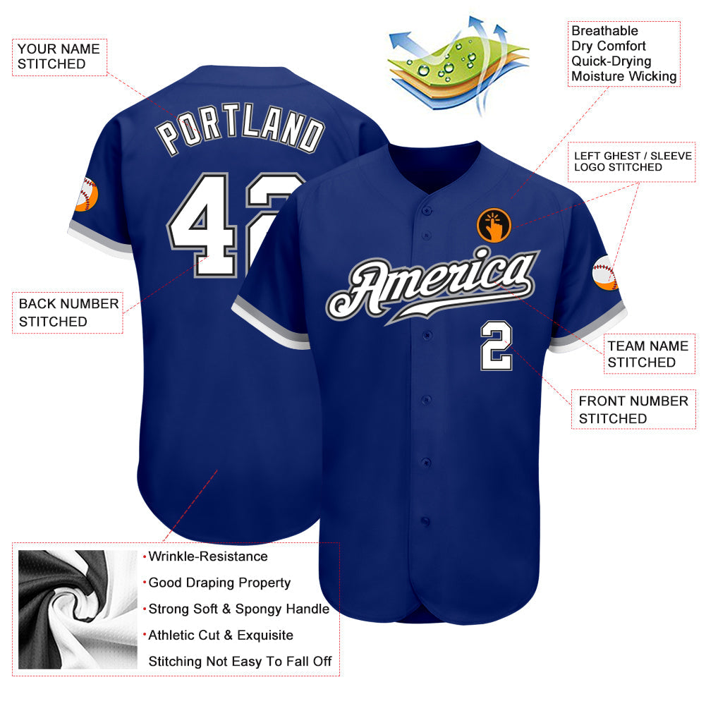 Custom Royal White Black-Gray Authentic Baseball Jersey baseball jersey product view 3