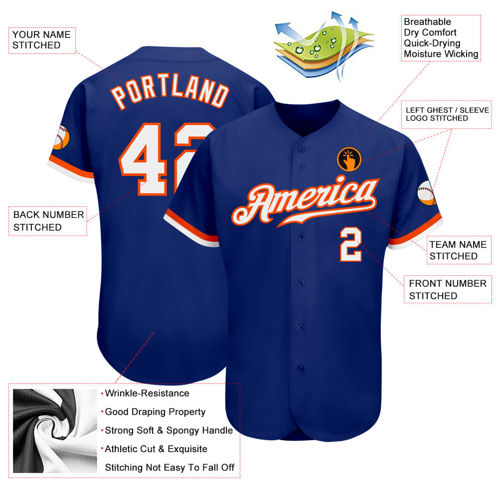 Custom Royal White-Orange Authentic Baseball Jersey baseball jersey product view 3
