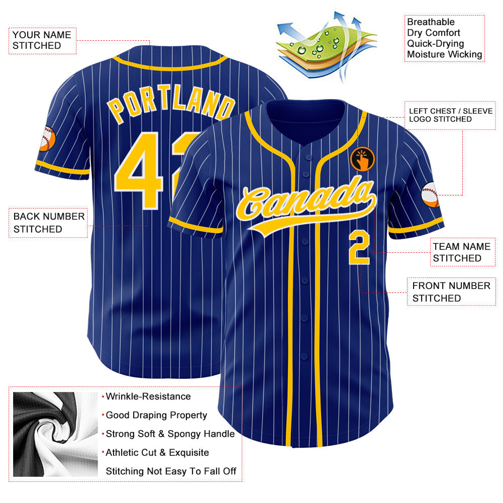 Custom Royal White Pinstripe Gold Authentic Baseball Jersey baseball jersey product view 3