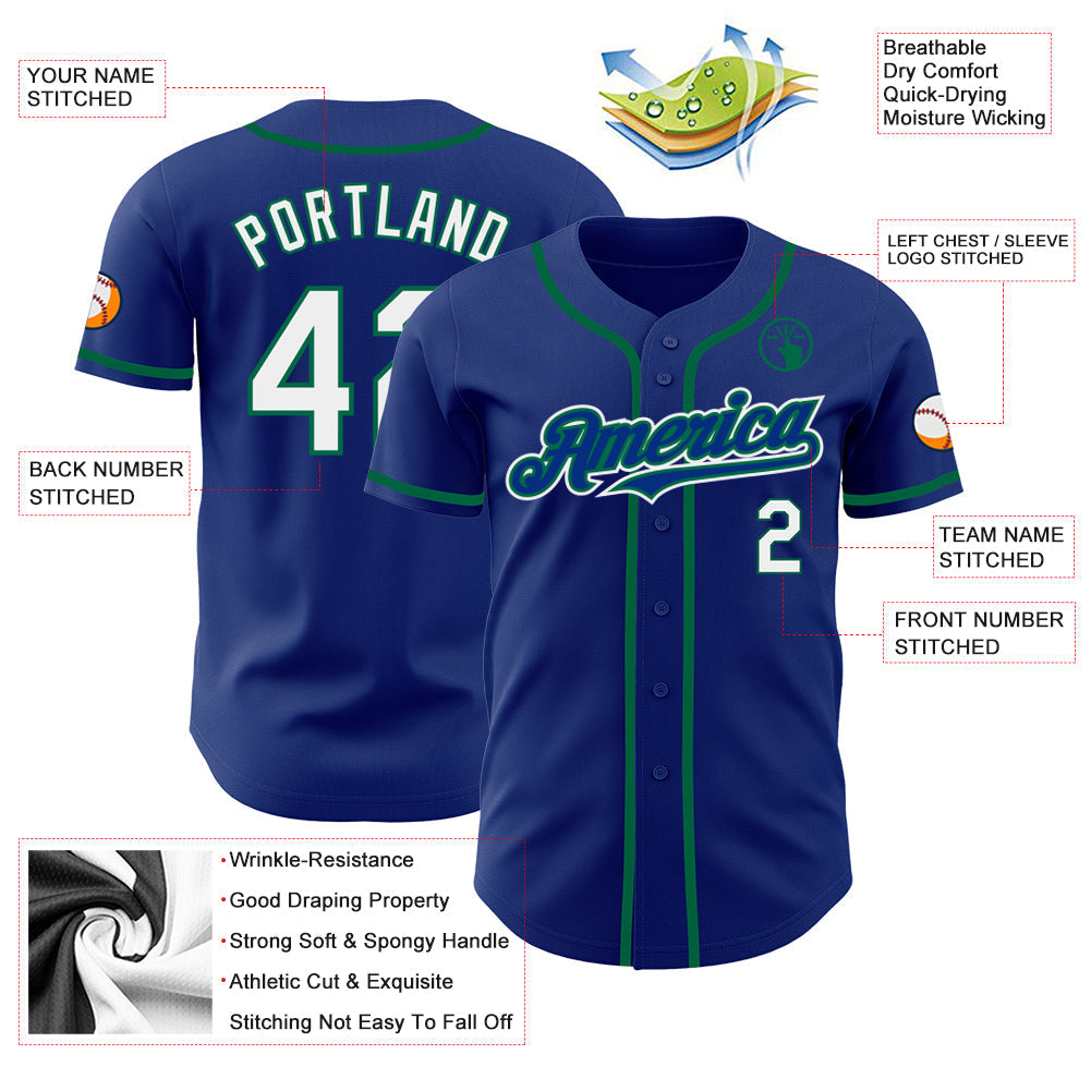 Custom Royal White-Kelly Green Authentic Baseball Jersey baseball jersey product view 3