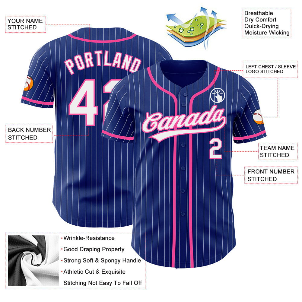Custom Royal White Pinstripe Pink Authentic Baseball Jersey baseball jersey product view 3