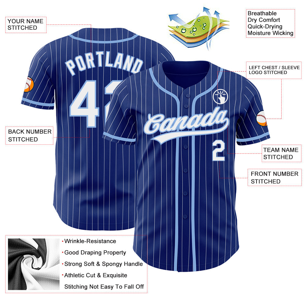 Custom Royal White Pinstripe Light Blue Authentic Baseball Jersey baseball jersey product view 3