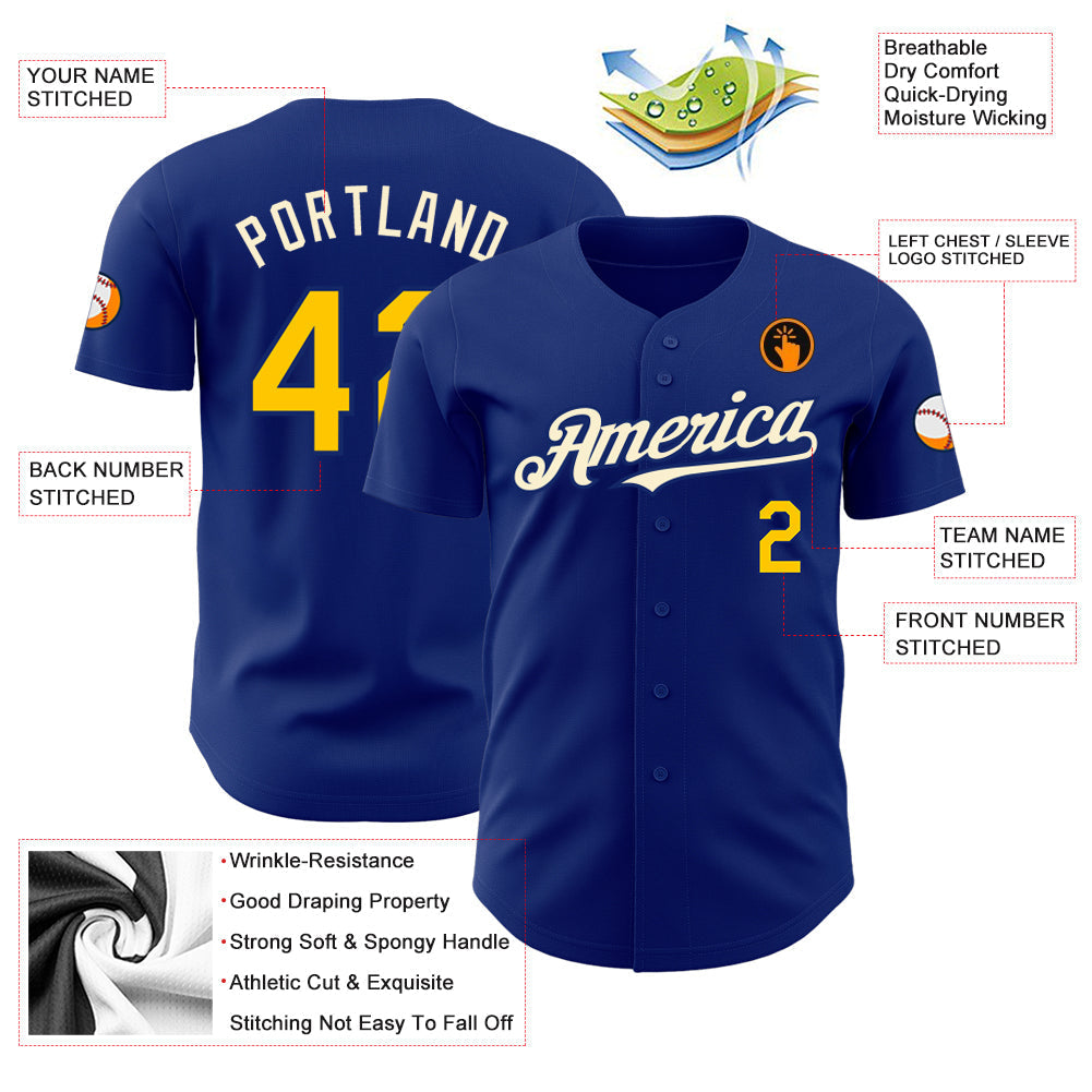 Custom Royal Yellow-Cream Authentic Baseball Jersey baseball jersey product view 3
