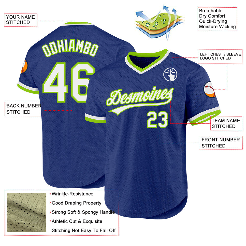 Custom Royal White-Neon Green Authentic Throwback Baseball Jersey baseball jersey product view 3