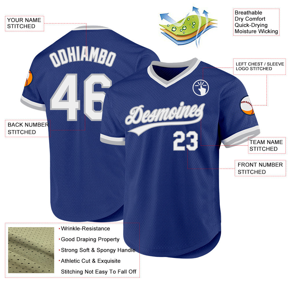 Custom Royal White-Gray Authentic Throwback Baseball Jersey baseball jersey product view 3