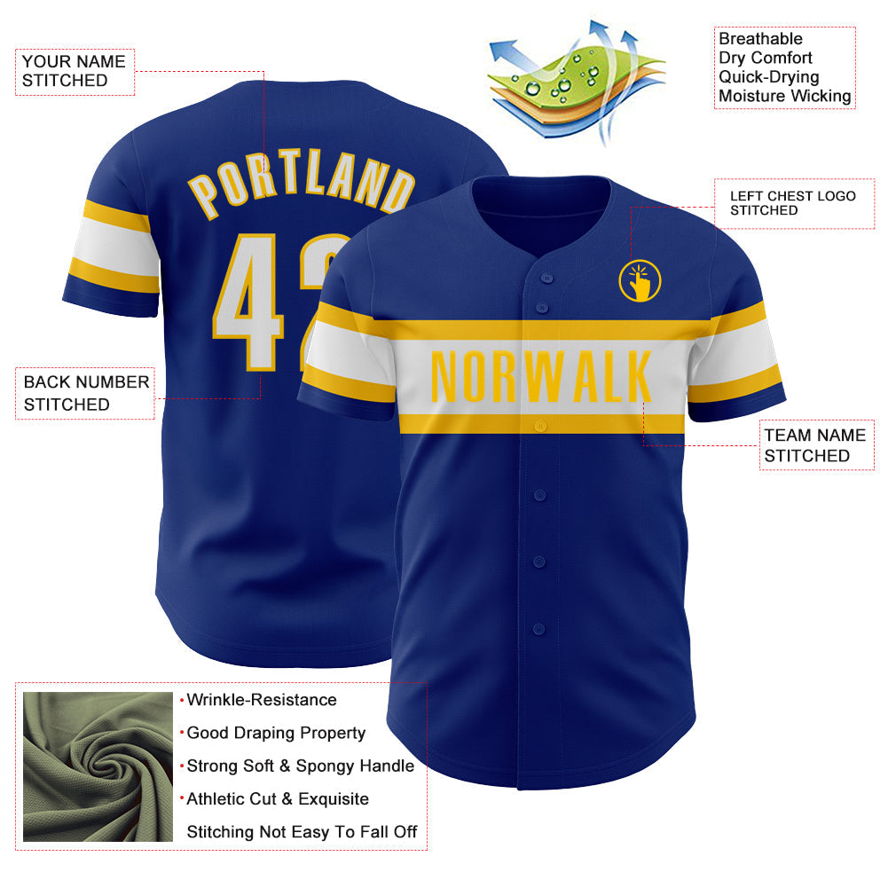 Custom Royal White-Yellow Authentic Baseball Jersey baseball jersey product view 3