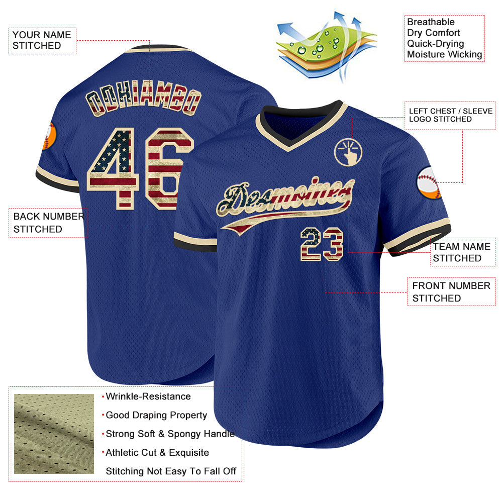 Custom Royal Vintage USA Flag Cream-Black Authentic Throwback Baseball Jersey baseball jersey product view 3