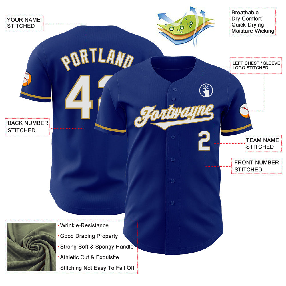 Custom Royal White-Old Gold Authentic Baseball Jersey baseball jersey product view 3