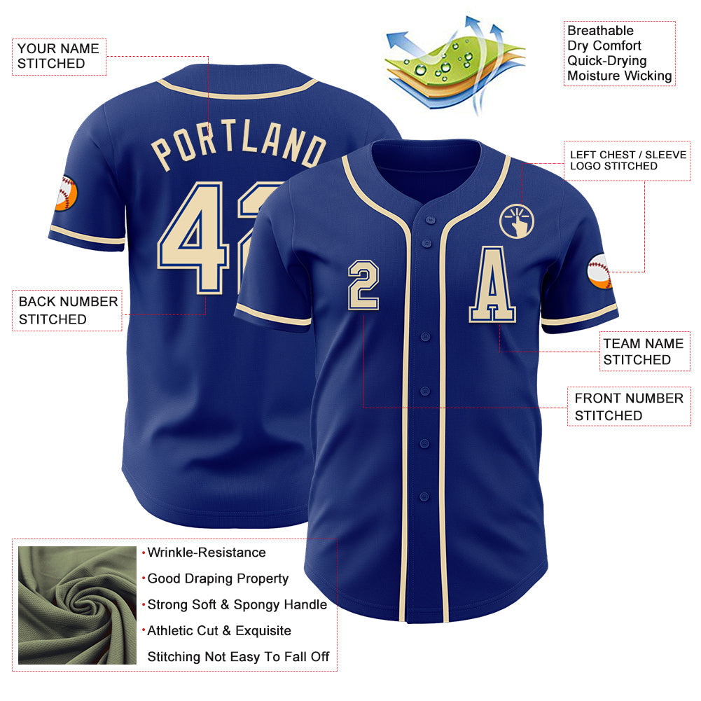 Custom Royal Cream Authentic Baseball Jersey baseball jersey product view 2