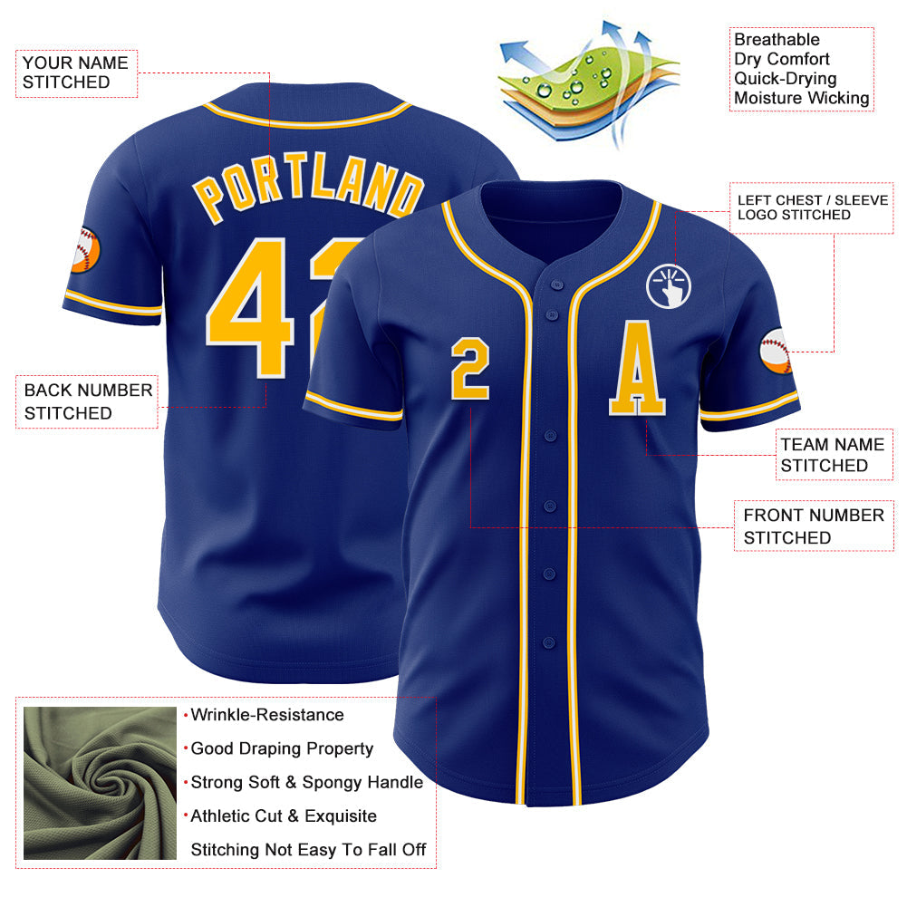 Custom Royal Gold-White Authentic Baseball Jersey baseball jersey product view 2