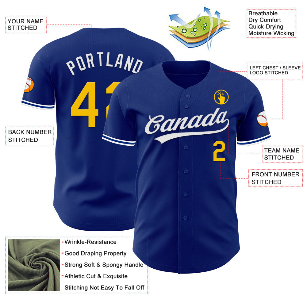 Custom Royal Yellow-White Authentic Baseball Jersey baseball jersey product view 3