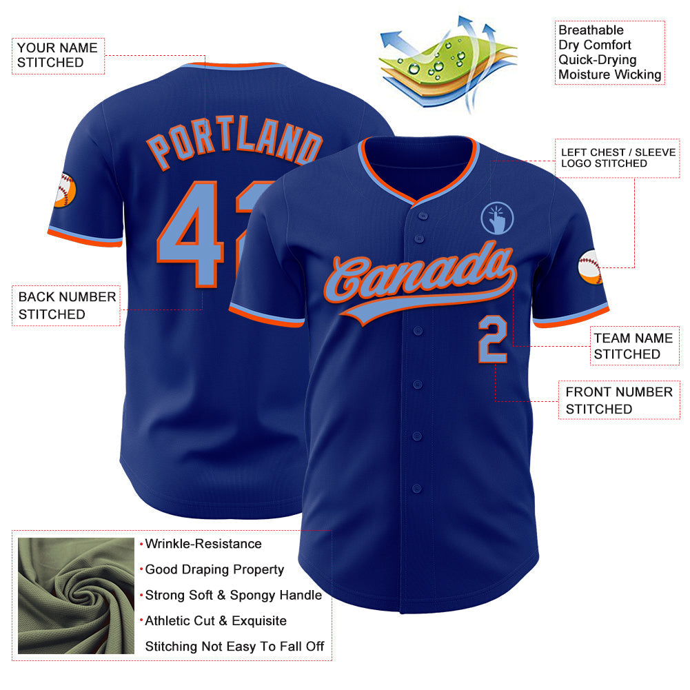 Custom Royal Powder Blue-Orange Authentic Baseball Jersey baseball jersey product view 3
