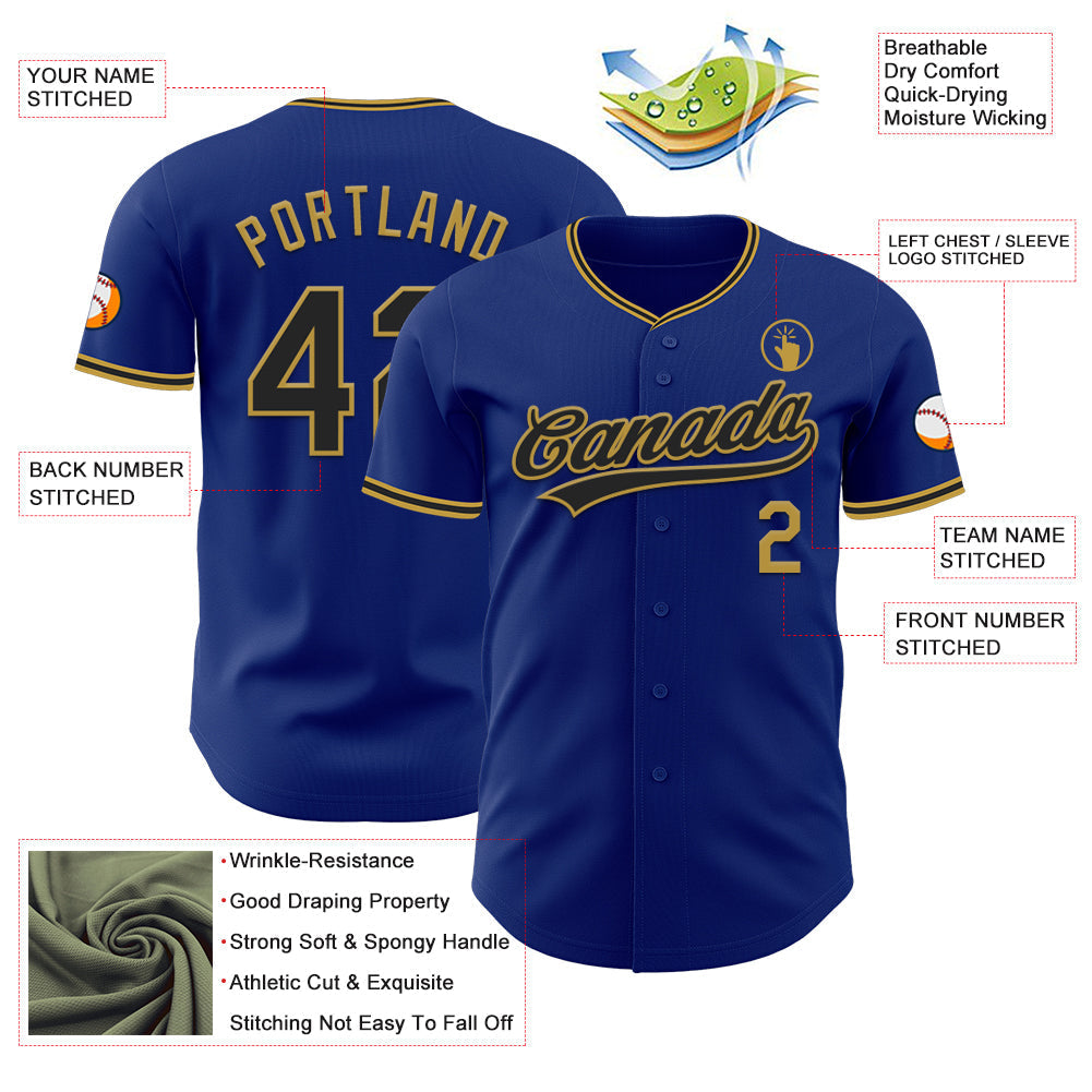 Custom Royal Black-Old Gold Authentic Baseball Jersey baseball jersey product view 3
