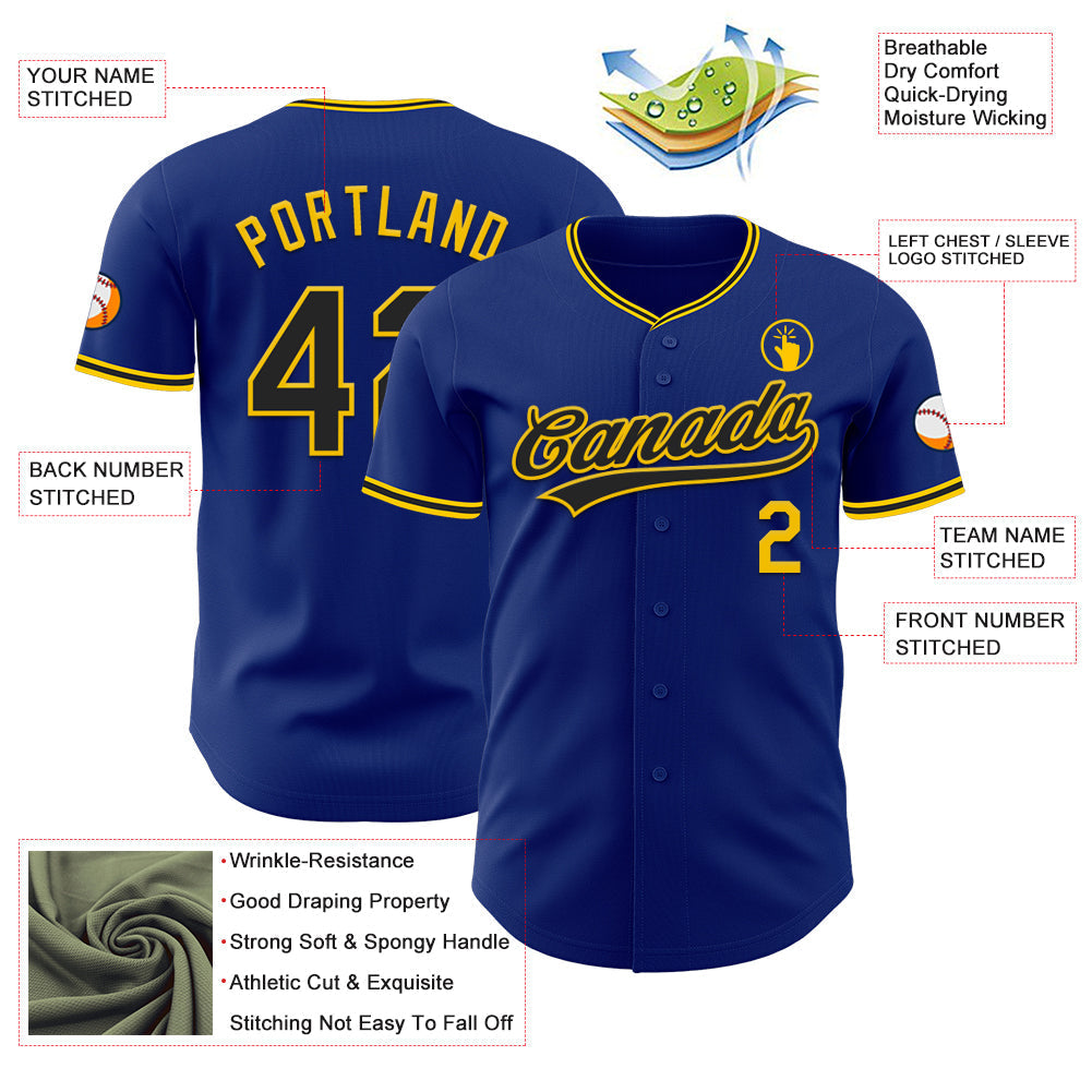 Custom Royal Black-Yellow Authentic Baseball Jersey baseball jersey product view 3