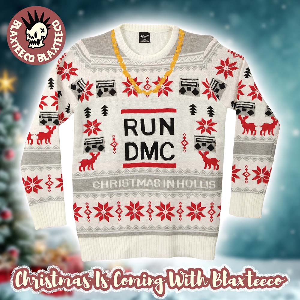 Run DMC Christmas In Hollis Golden Chain Knitted White Ugly Christmas Sweater Unisex T-shirt, Sweatshirt, Hoodie, Long Sleeve Tee - T-Shirt, Sweatshirt, Hoodie