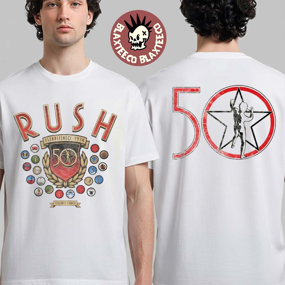 Rush 50th Anniversary Merch Established 1974 R50 Motifs T-Shirt Unisex T-shirt, Sweatshirt, Hoodie, Long Sleeve Tee - T-Shirt, Sweatshirt, Hoodie